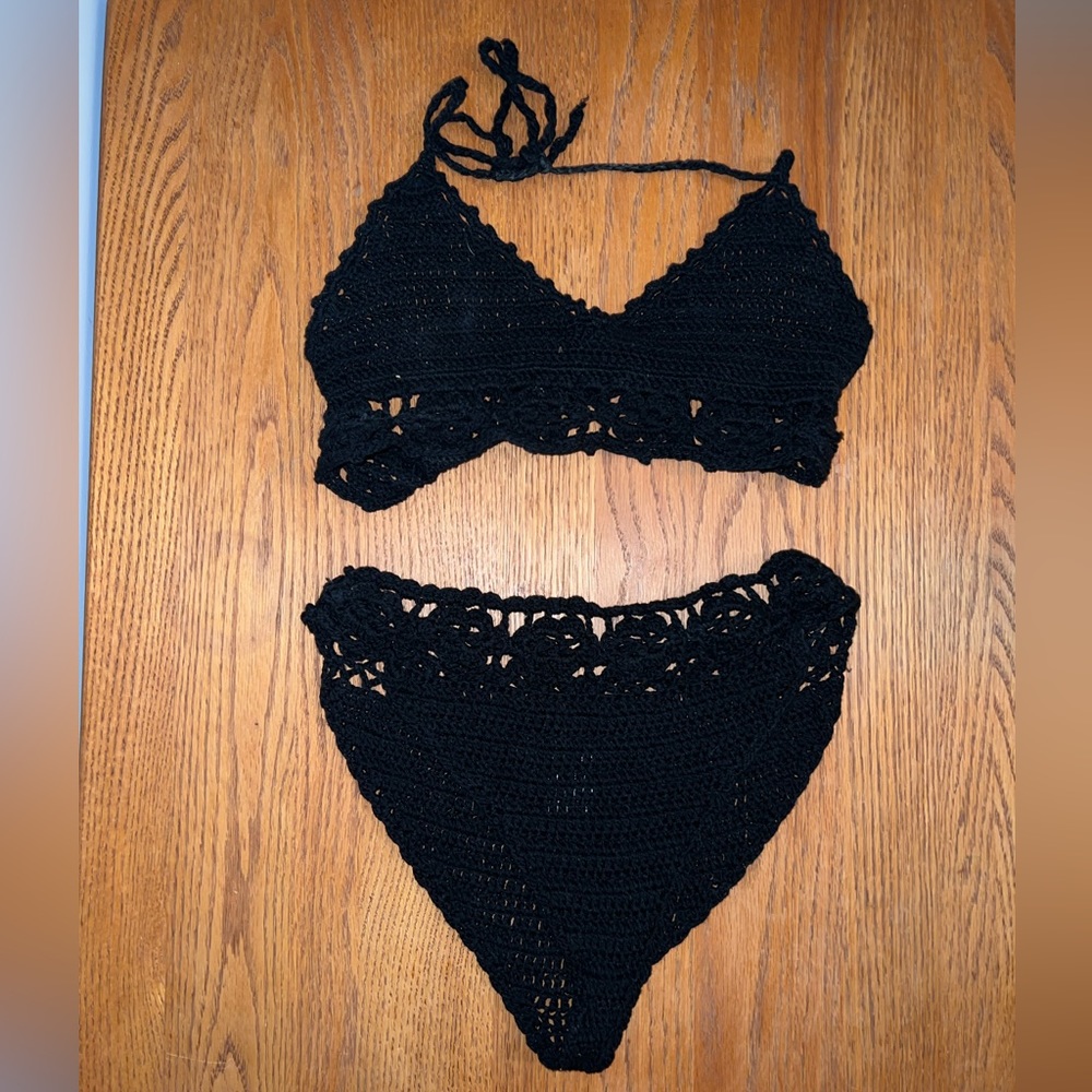 Knitted bikini bathing suit.